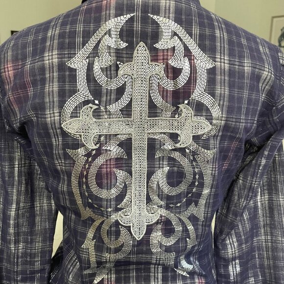 Ariat Fitted Snap Down Metallic Plaid Western Shirt Cowgirl Deep Purple XS NWOT - Picture 7 of 14